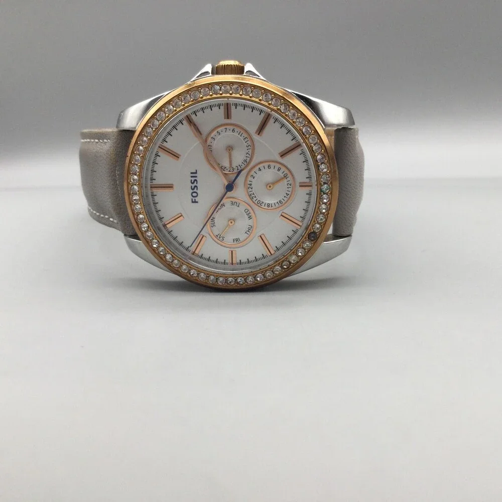 Fossil Womens Watch 38mm Gold Silver Tone Day Date Leather BQ3384 New Battery